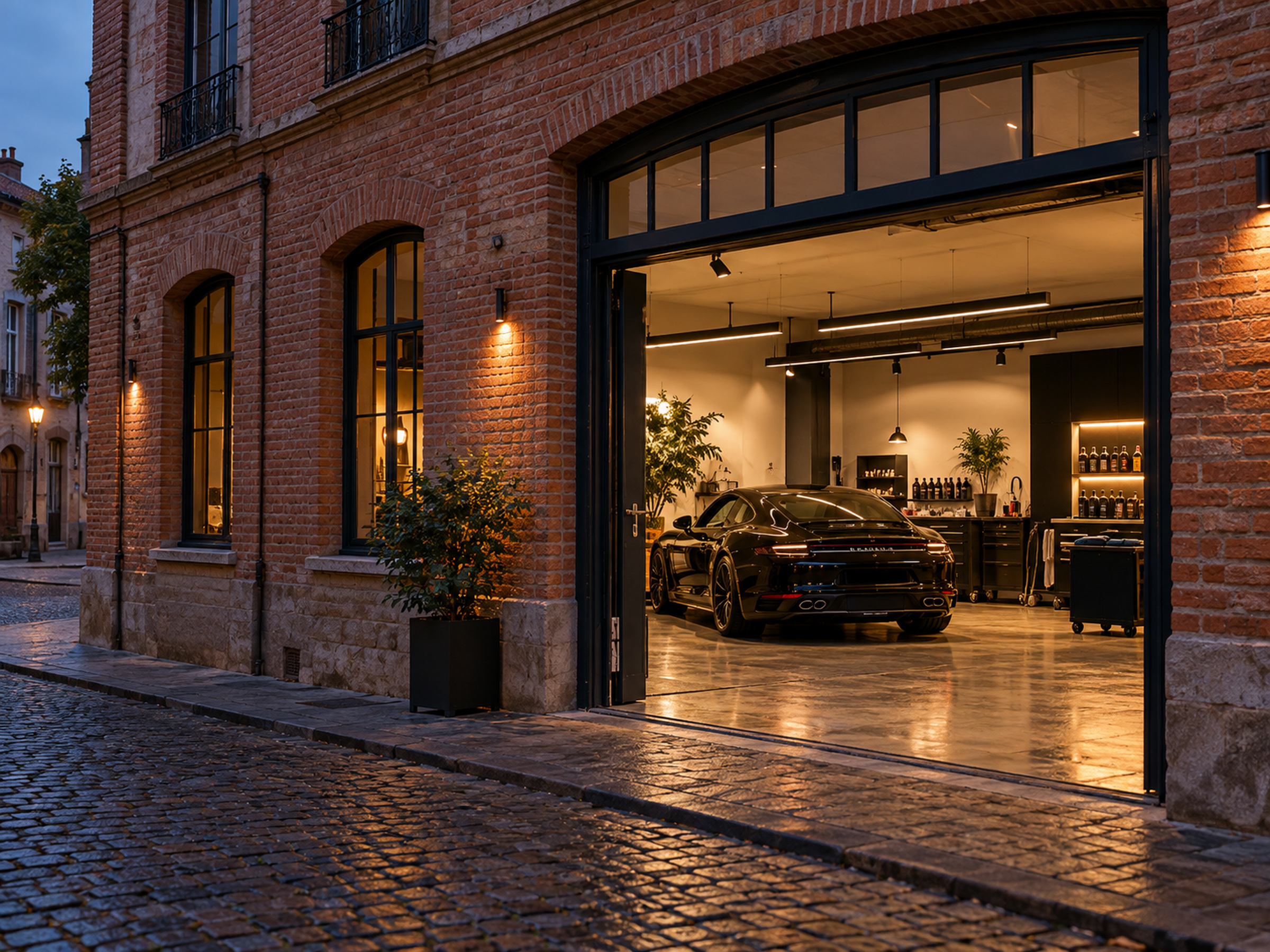 Façade en brique et porte d'atelier ouverte le soir